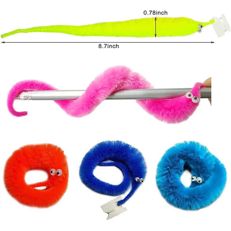 A fuzzy wiggly worm magic trick featuring a long yellow string and colorful fluffy appendages.