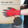 A hand wearing a red anti-slip palm work glove is shown resting on a cardboard box.