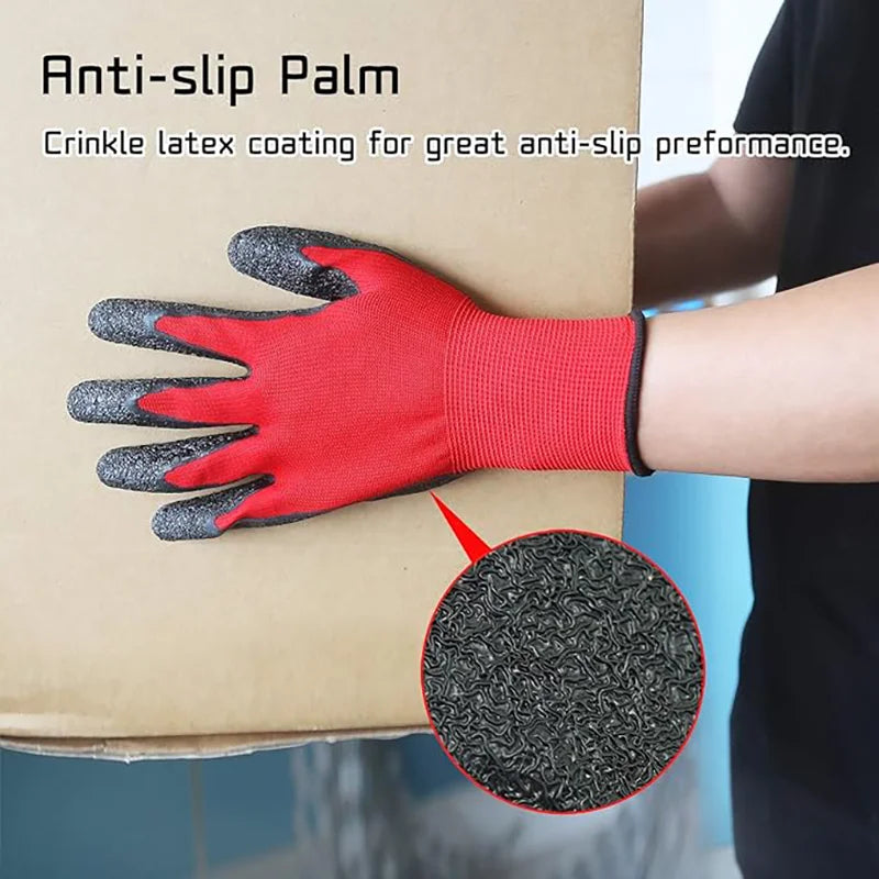 A hand wearing a red anti-slip palm work glove is shown resting on a cardboard box.