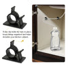 A black clip holds a tube in place inside a cabinet, used to organize kitchen items.
