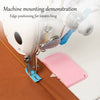Demonstration of machine mounting edge positioning for topstitching using a magnetic sewing guide gauge.