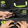 Hands demonstrate the features of a waterproof BBQ grill cover including a reflective handle, drawstring, and snap buckle.