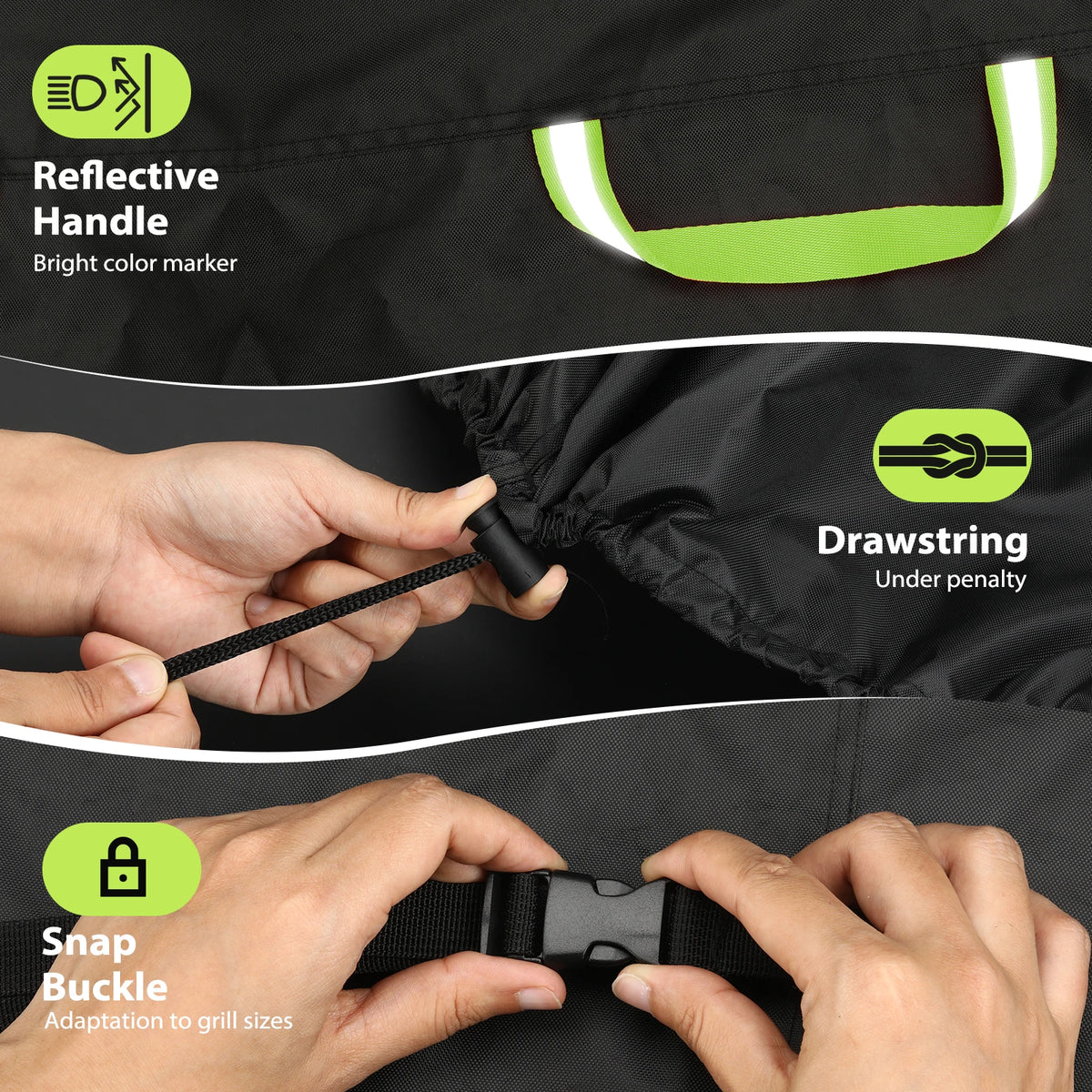 Hands demonstrate the features of a waterproof BBQ grill cover including a reflective handle, drawstring, and snap buckle.