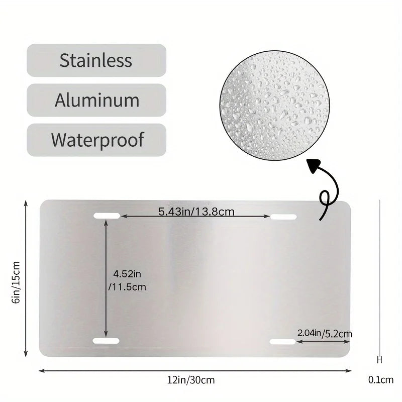 A rectangular aluminum license plate sign with mounting holes, featuring a waterproof finish.