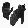 A pair of black carbon fiber motorcycle gloves with a logo on the back