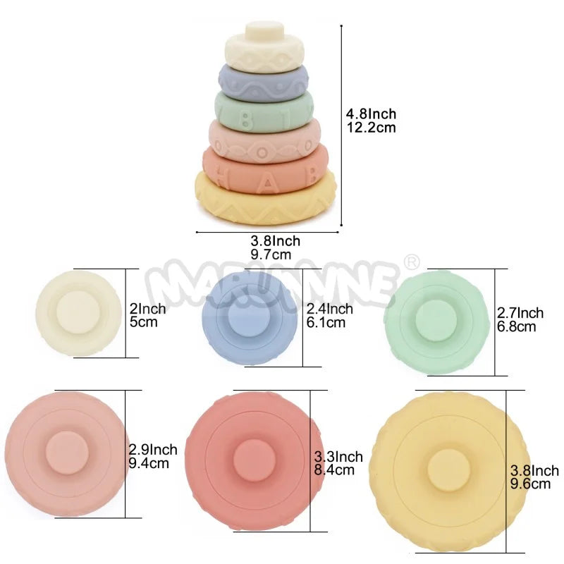 Eight soft silicone stacking rings in various pastel colors for baby sensory teether set