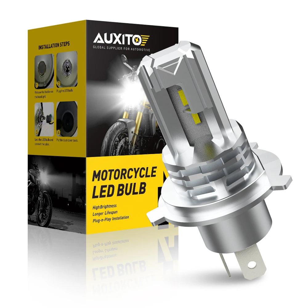 A silver motorcycle LED bulb is shown next to its packaging box for the AUXITO Global Supplier.