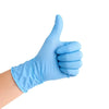 A hand wearing a light blue nitrile disposable glove is making a thumbs-up gesture.