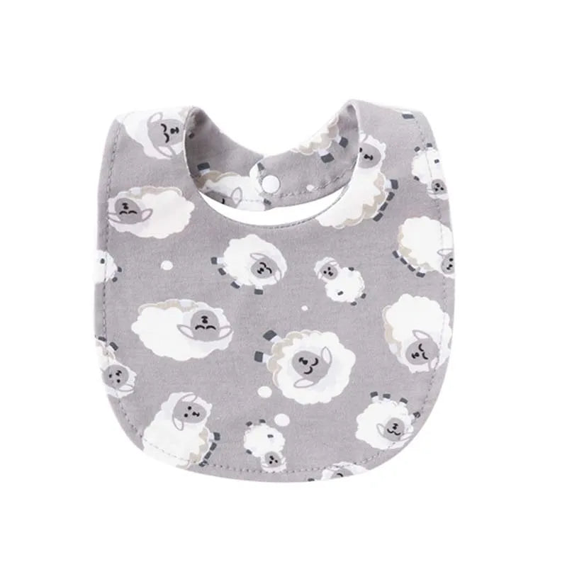 A pack of soft cotton baby bibs featuring cute cartoon sheep prints in gray and white.