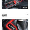 Before and after comparison showing the installation of an ABS gear shift panel and cup holder trim cover for a Jeep Wrangler