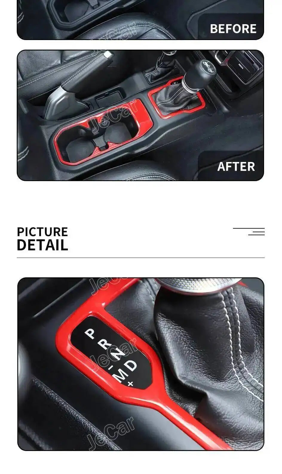 Before and after comparison showing the installation of an ABS gear shift panel and cup holder trim cover for a Jeep Wrangler