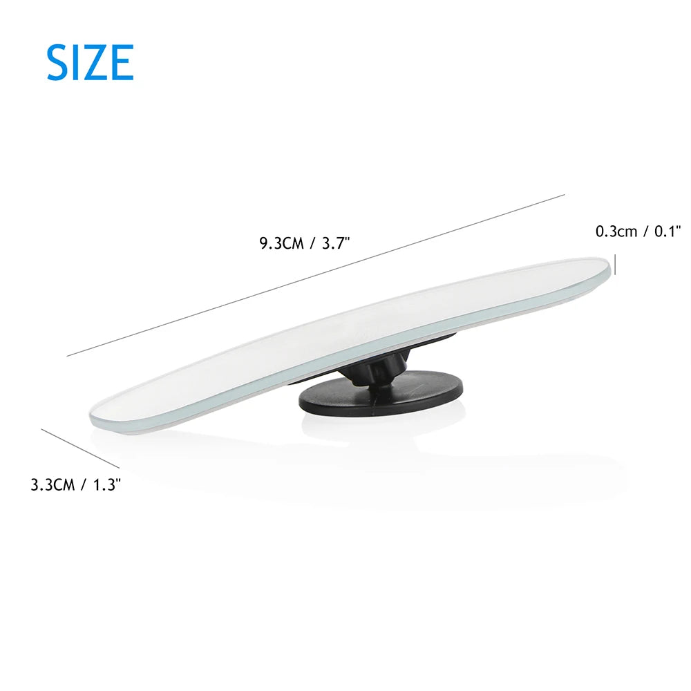 A wide angle blind spot mirror for vehicles showing various size dimensions.