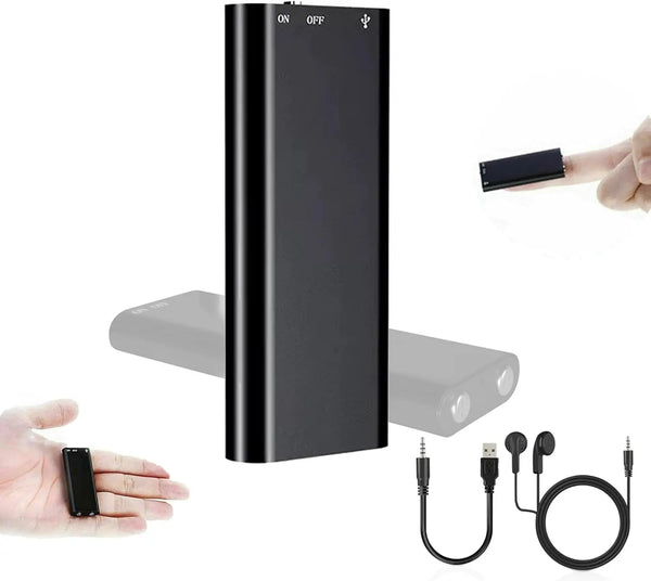 Un grabador de voz compacto y reproductor MP3 negro junto a una mano, con un cable USB separado visible.