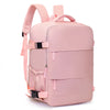 A pink compact cabin travel backpack with pink straps and black accents.
