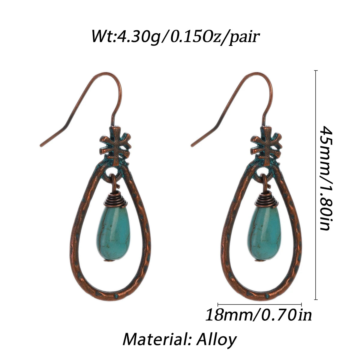 Boucles d'oreilles pendantes en alliage de bronze avec des perles turquoise et un anneau de fil.