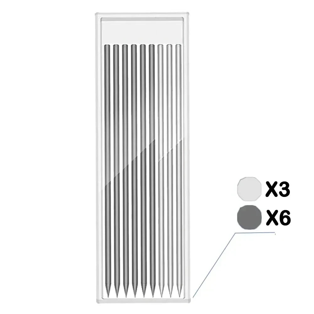A clear container holding multiple mechanical carpenter pencils with built-in sharpeners.