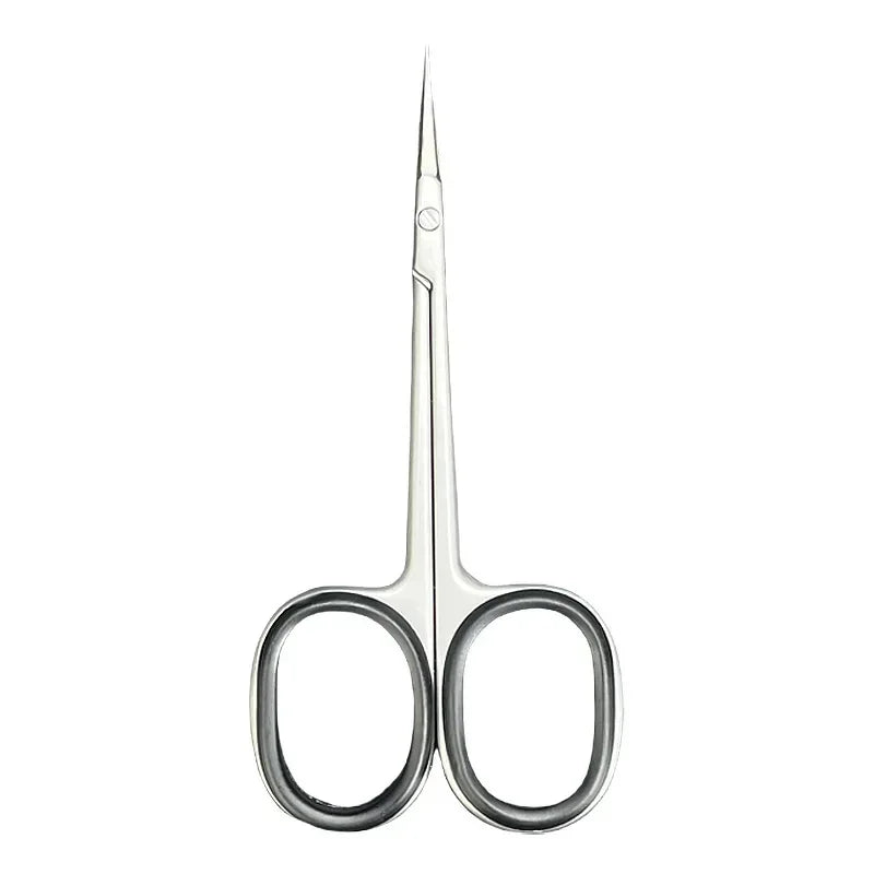 Professional stainless steel cuticle scissors with a curved blade.