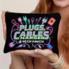 A black canvas pouch featuring colorful plugs and cables for charging devices.