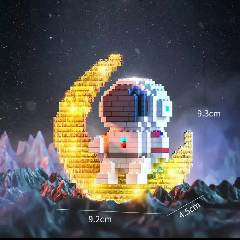 A luminous astronaut moon model built from micro blocks set against a dark, starry background.