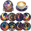 A set of nine sparkling diamond painting coasters featuring celestial and floral designs with a holder.