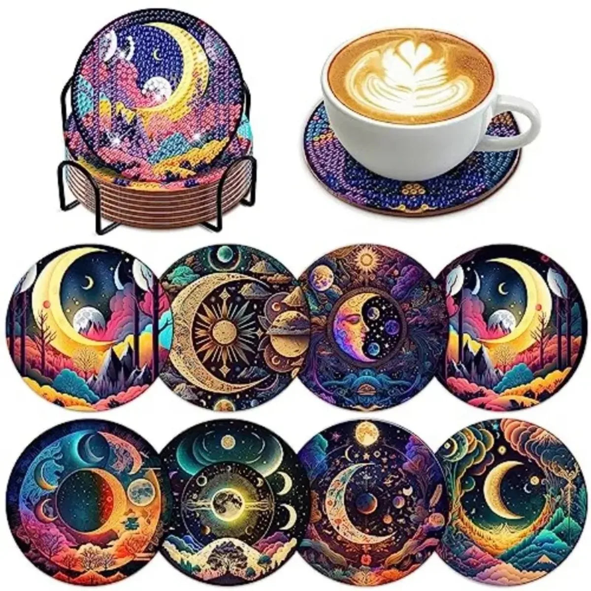 A set of nine sparkling diamond painting coasters featuring celestial and floral designs with a holder.