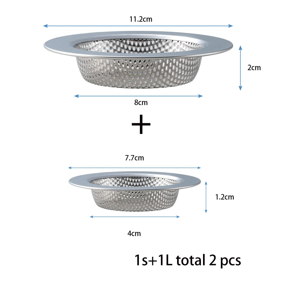 A set of two premium stainless steel sink drain strainers, one large and one small.