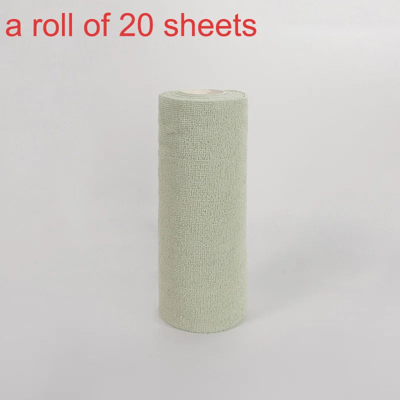 A roll of twenty sheets of light green reusable microfiber cleaning towels.