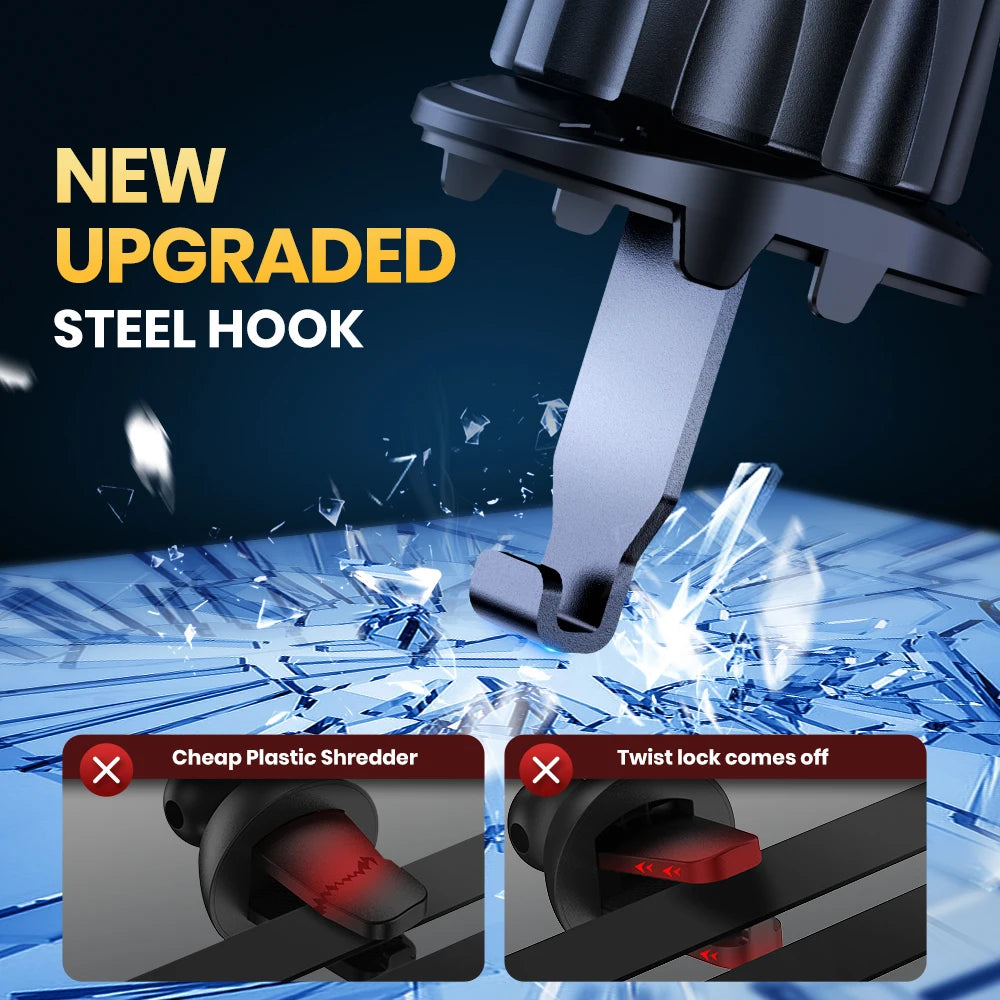 A close-up of a new upgraded steel hook product demonstrating its use and comparison to a cheap plastic shredder.