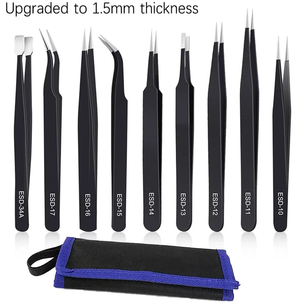 A set of black ESD-safe precision tweezers with various tips and a black carrying case.