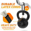 A black bungee cord with a metal hook and a heavy-duty rubber ball for outdoor use.