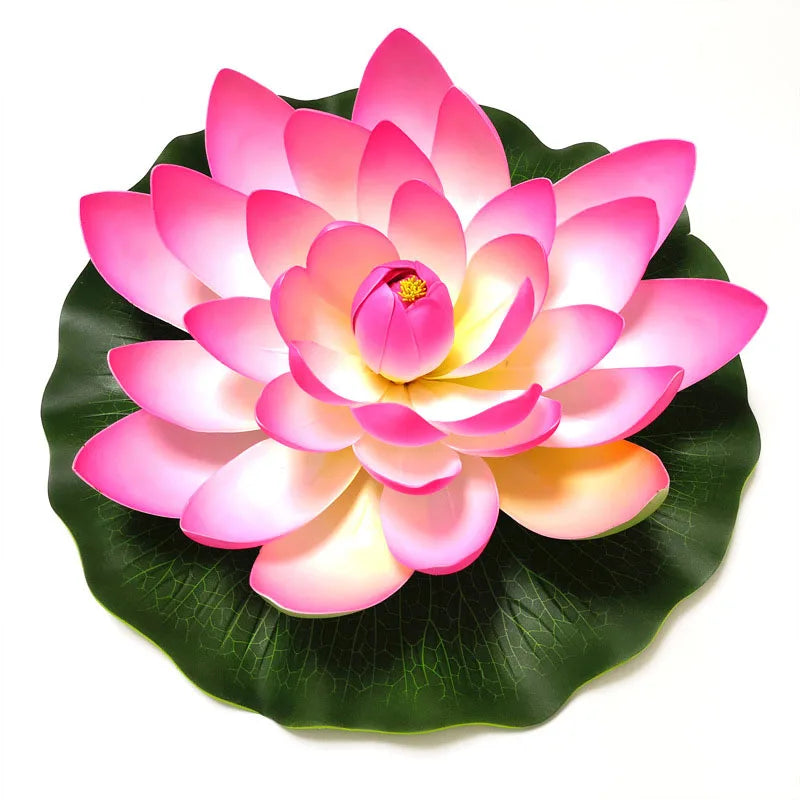 A vibrant pink lotus flower with yellow center rests on a green leaf.