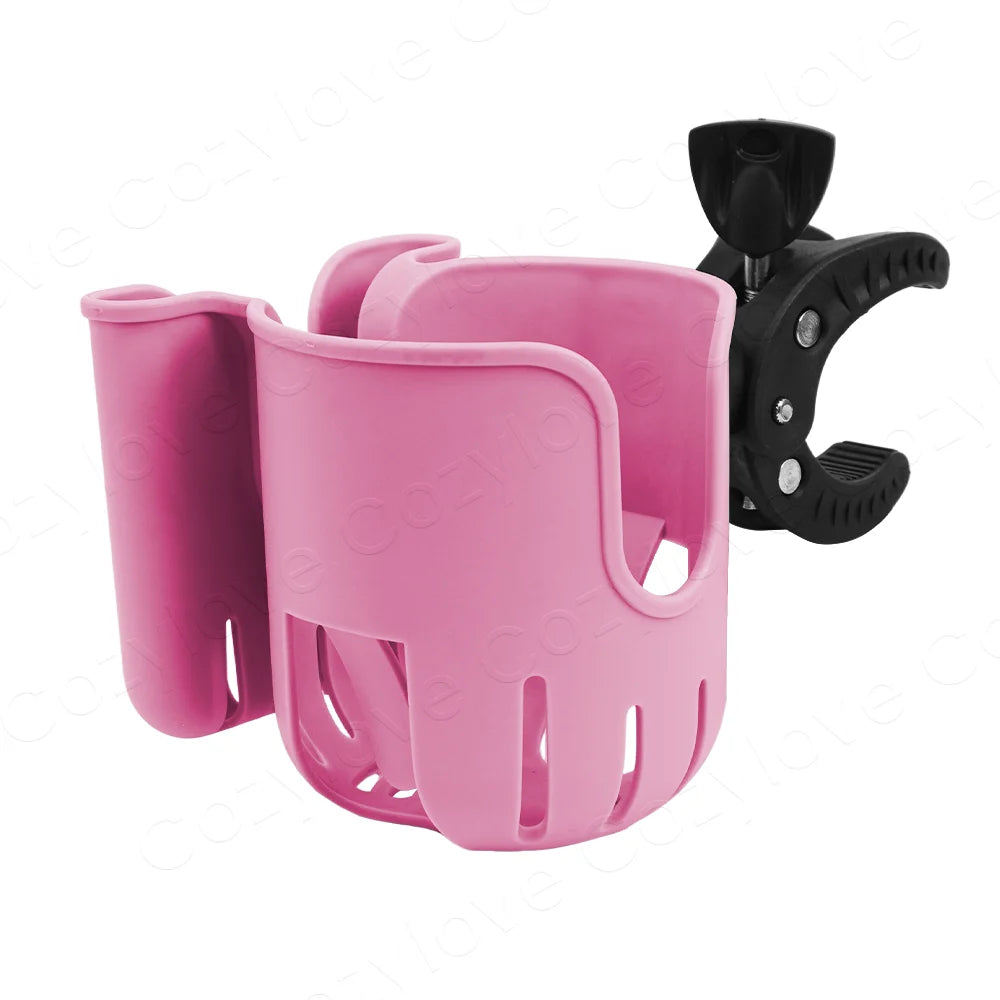 Pink 2-in-1 stroller and bike cup holder with a phone slot mounted on a clamp.