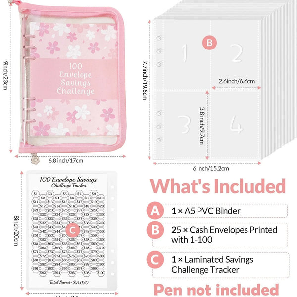 Pink envelope savings challenge binder with cash envelopes and tracker