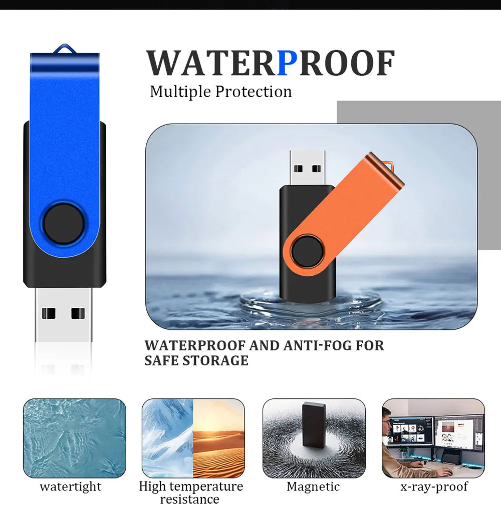 A waterproof and anti-fog portable USB drive with multiple protection features including watertight, high temperature resista