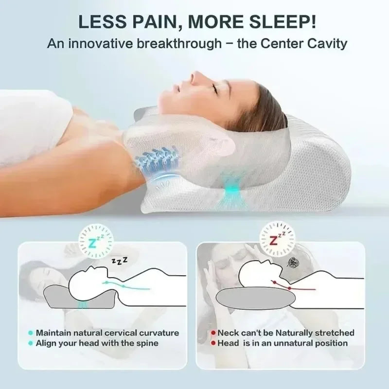 Une personne s'allonge avec un oreiller en mousse à mémoire de forme pour soulager la douleur et améliorer le sommeil.