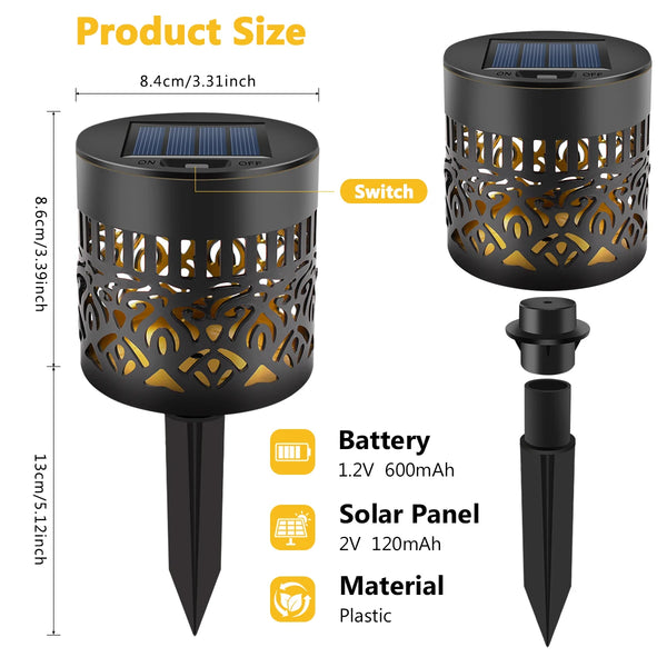 A black solar-powered mandala wall light with a switch and battery components shown alongside its dimensions.