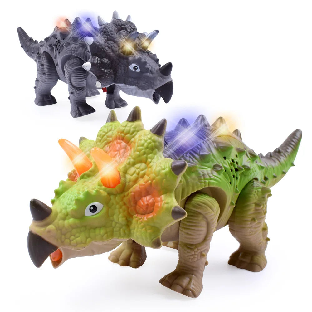 A green dinosaur toy featuring spiky skin and glowing eyes, alongside a dark gray dinosaur toy.