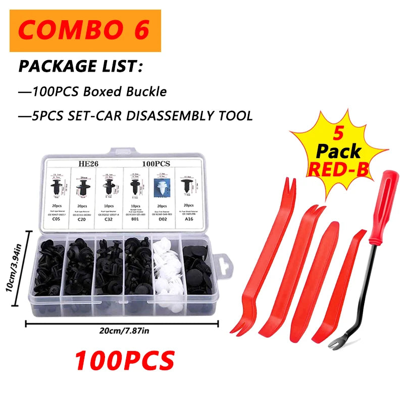 Combo 6 package list showing a set of 100 pieces boxed buckle and 5 pieces set car disassembly tool