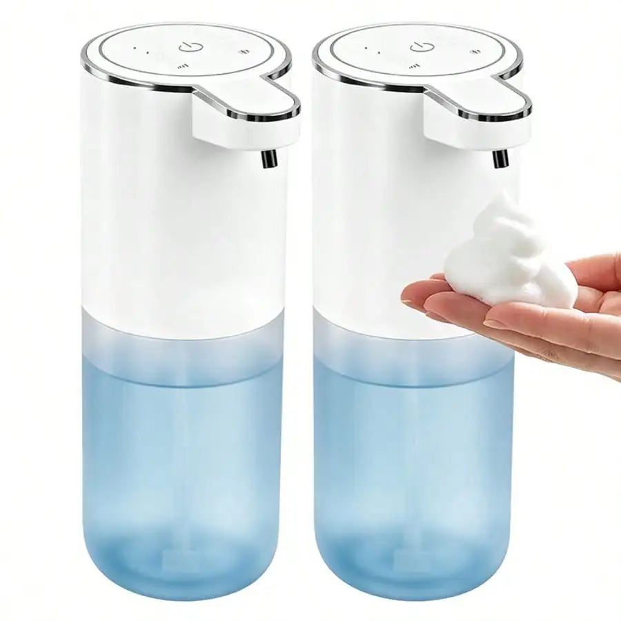 A white touchless automatic soap dispenser with a blue liquid reservoir and foam control mechanism.