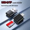 A black USB-C/TF card reader with a red memory card shown next to it.