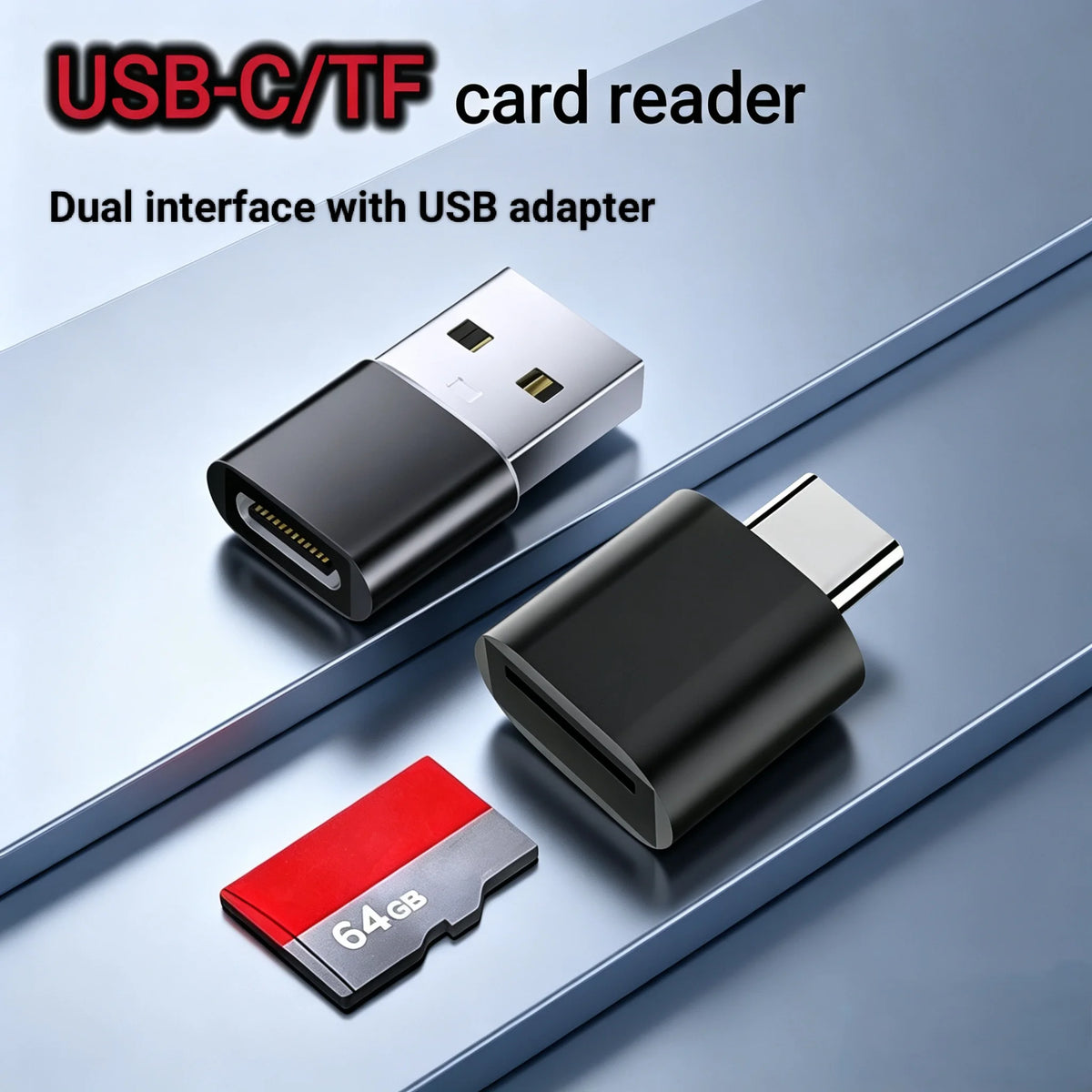 A black USB-C/TF card reader with a red memory card shown next to it.