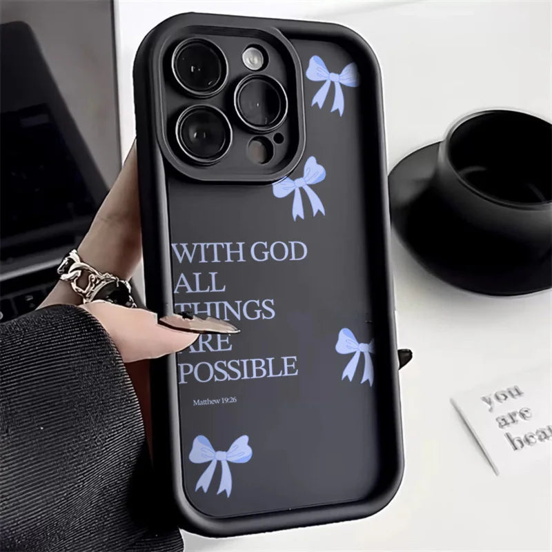 Black silicone phone case with a 'With God all things are possible' slogan featuring light blue bows.