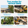 Two modes for various tasks showing a cordless pole saw used for cutting wood piles and trimming branches.