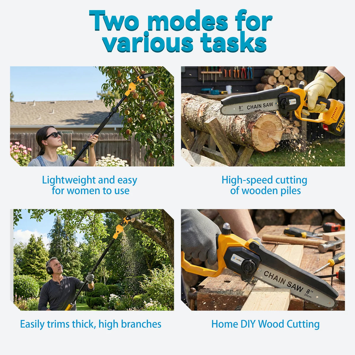 Two modes for various tasks showing a cordless pole saw used for cutting wood piles and trimming branches.