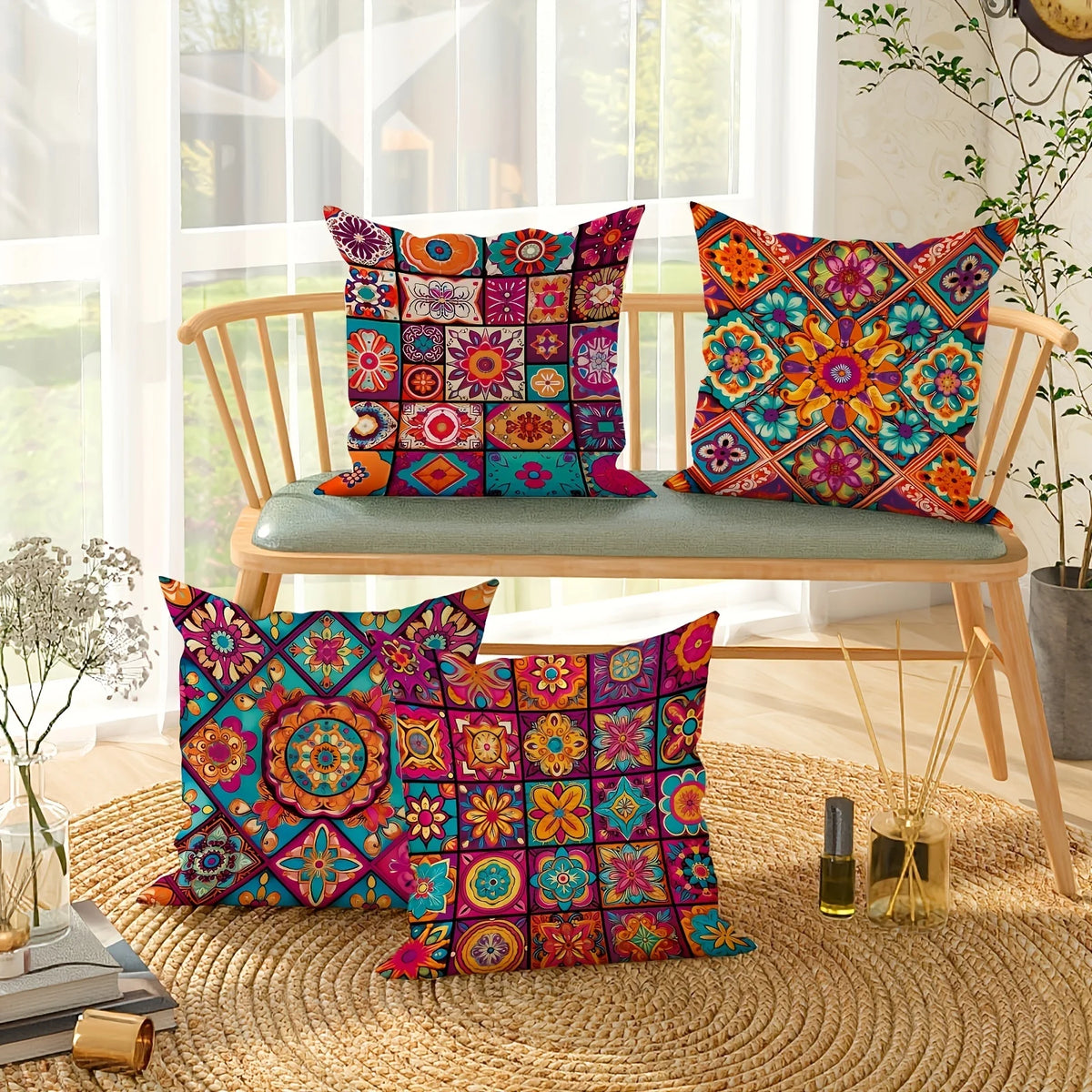 Boho Chic Mandala Pillow Covers Set of 4 – Colorful Decorative Cushion Covers for Indoor & Outdoor Use