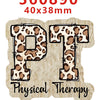 A brown and beige leopard print acrylic nurse badge charm with the letters PT.