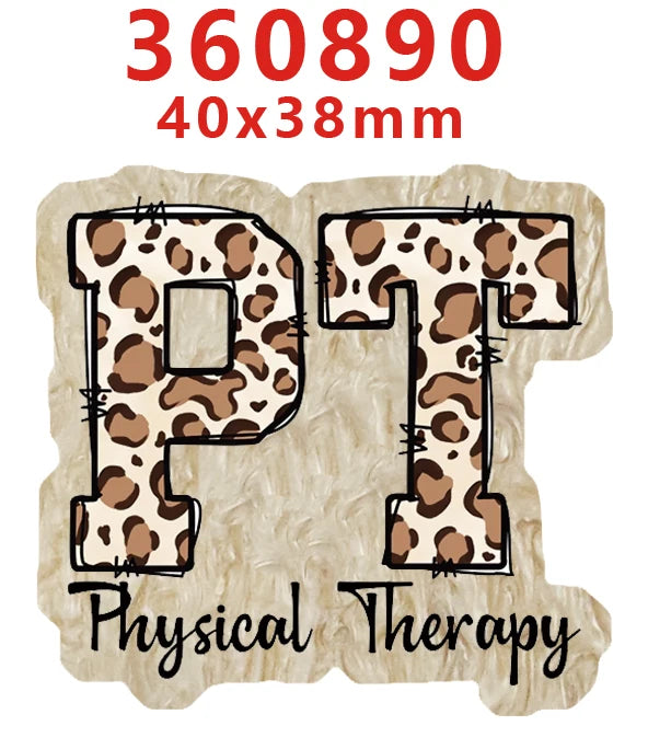 A brown and beige leopard print acrylic nurse badge charm with the letters PT.