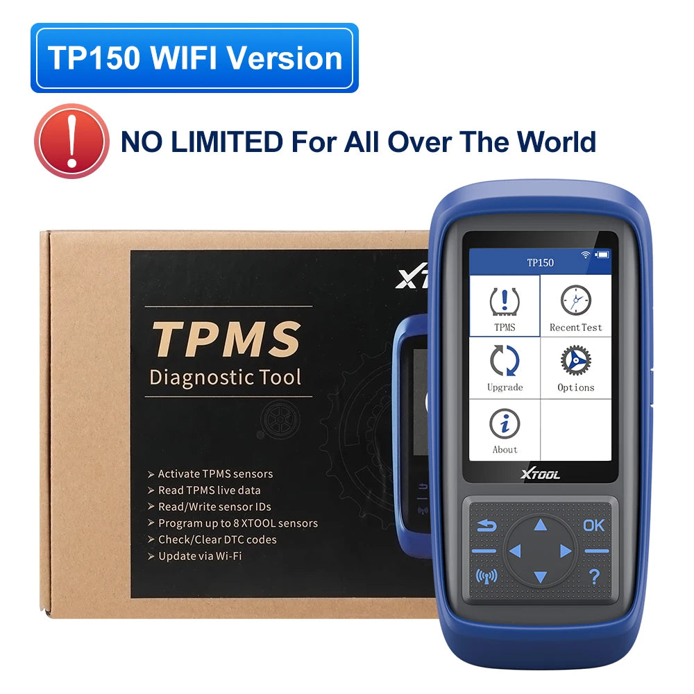 A blue XTOOL TP150 WiFi version diagnostic tool box and device with a screen showing test options