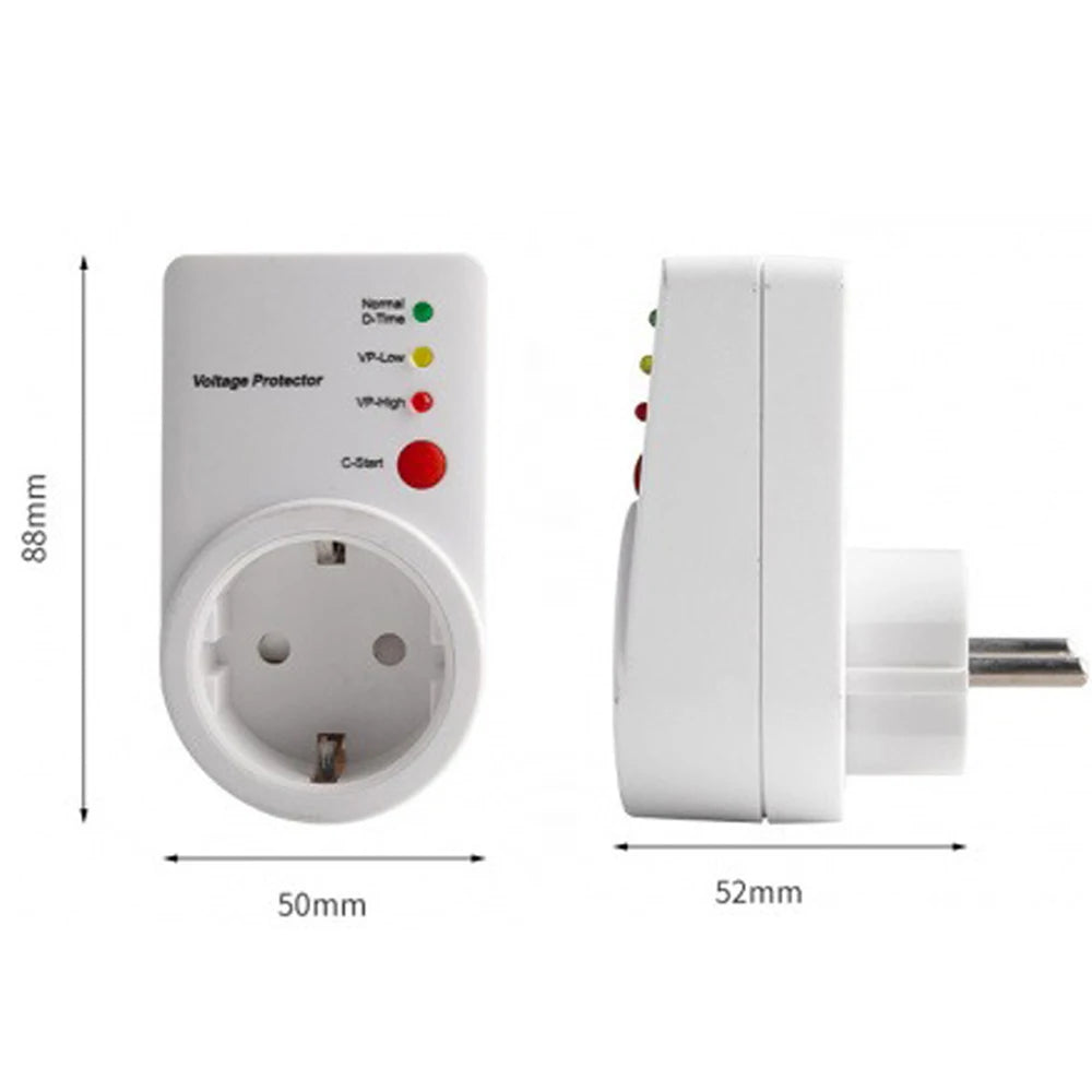 A white voltage protector device with indicator lights and a power outlet, shown from the front and side.
