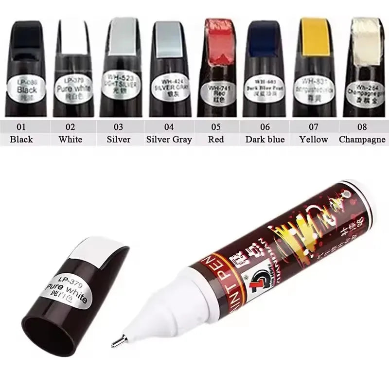 A collection of Car Paint Repair Pens in various colors including Black, White, Silver, Red, Dark Blue, Yellow, and Champagne